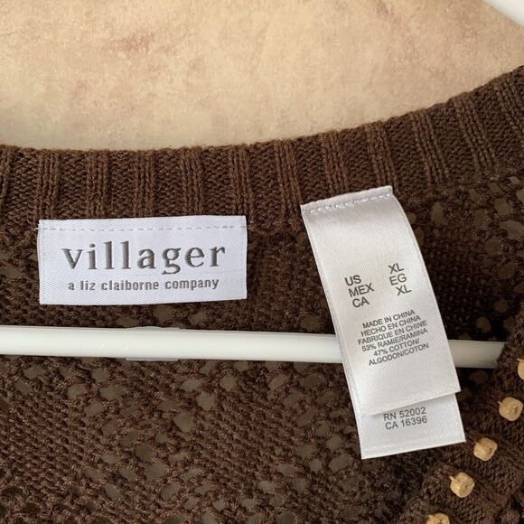 Vintage Villager Womans 1X XL Brown Crochet Wood Beaded Cardigan Hippie Boho Y2K - Picture 3 of 7